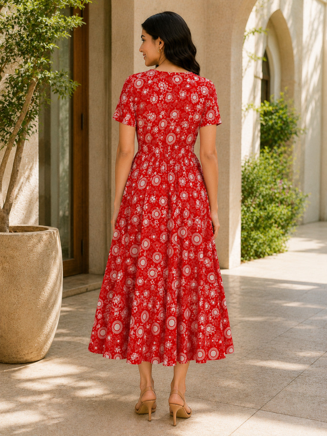 Red Floral Abstract Print Cotton Linen Midi Dress