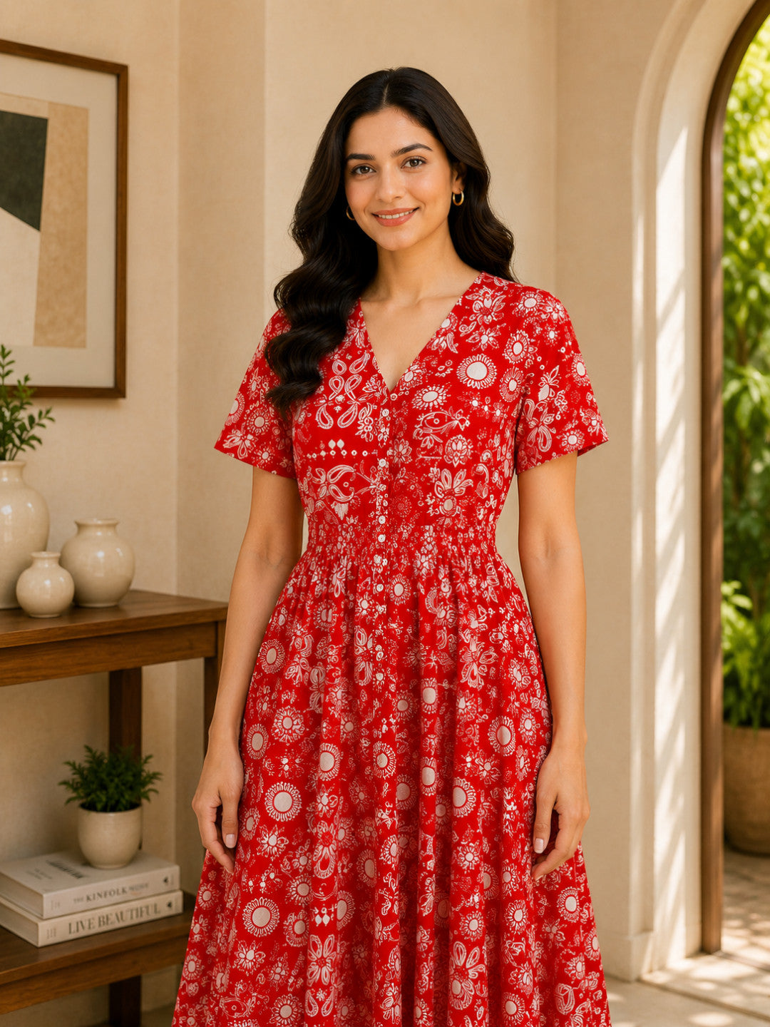 Red Floral Abstract Print Cotton Linen Midi Dress