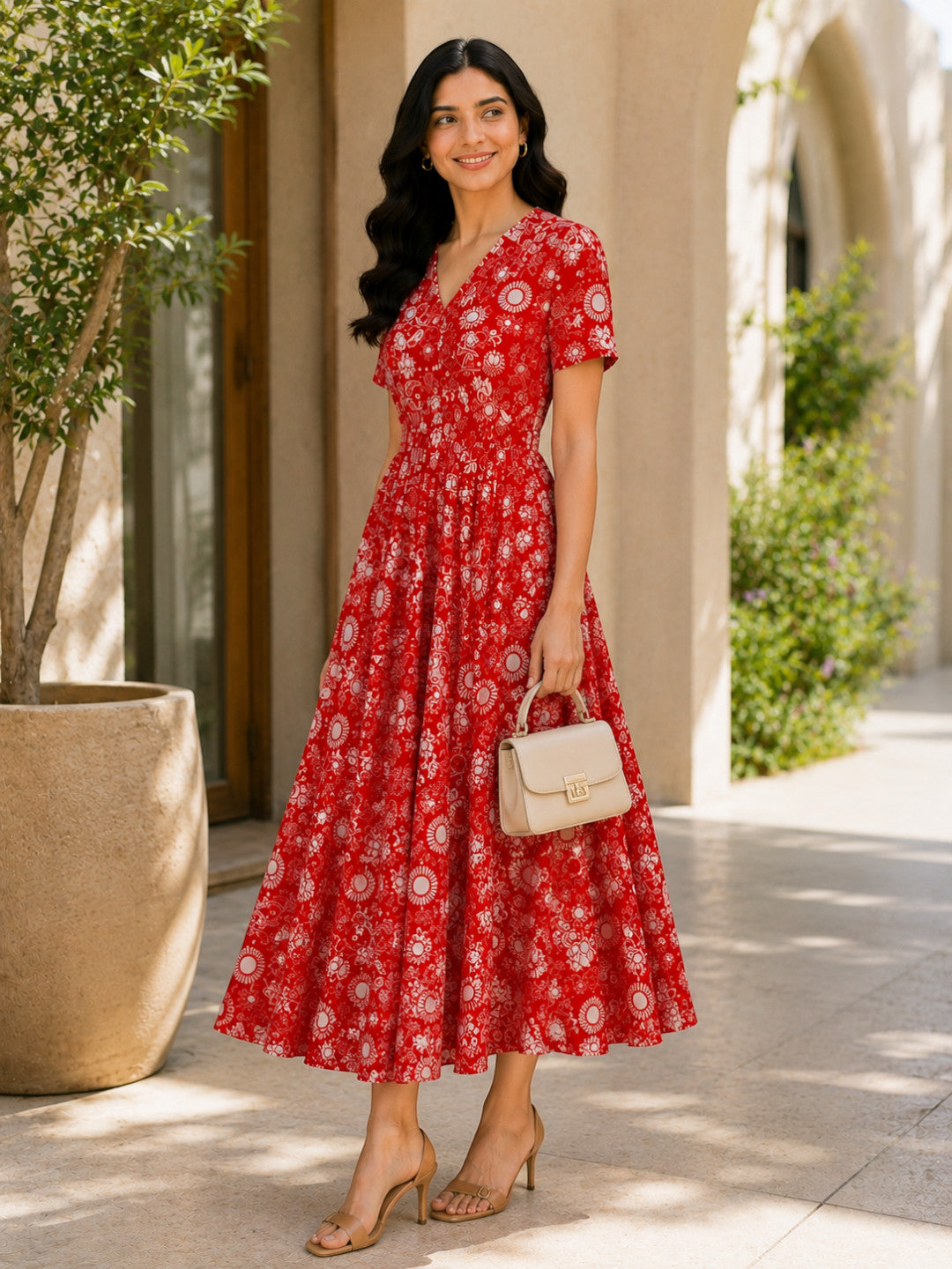 Red Floral Abstract Print Cotton Linen Midi Dress