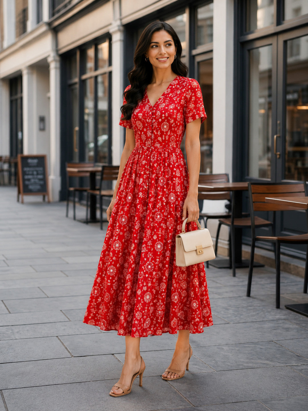 Red Floral Abstract Print Cotton Linen Midi Dress