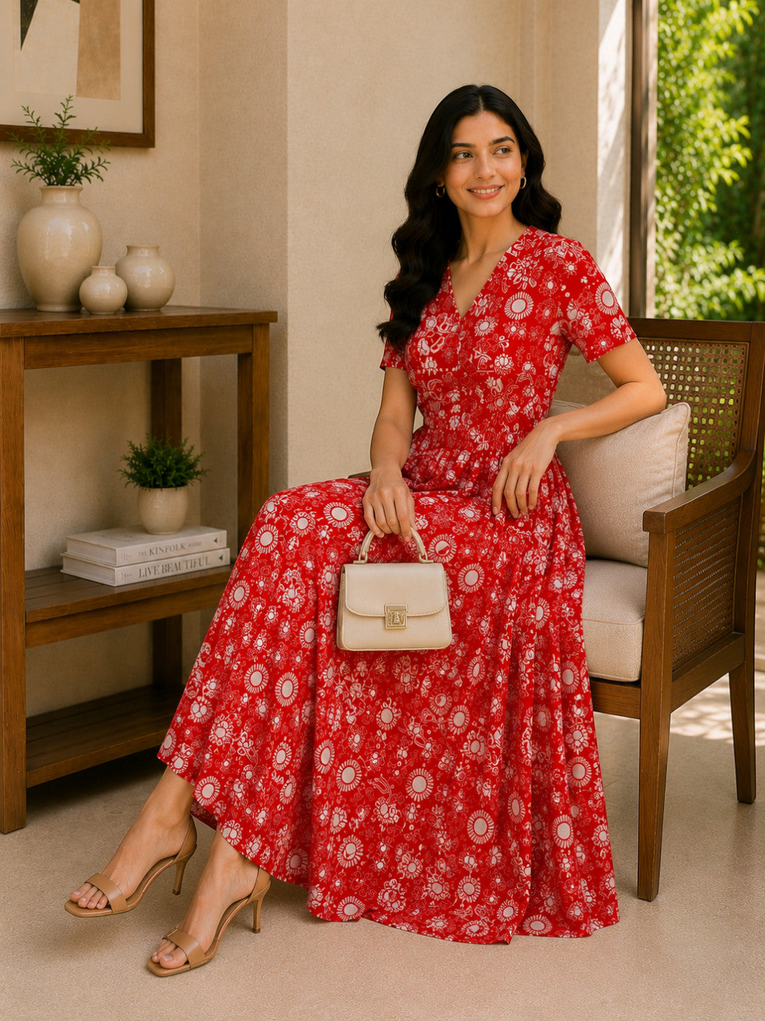 Red Floral Abstract Print Cotton Linen Midi Dress