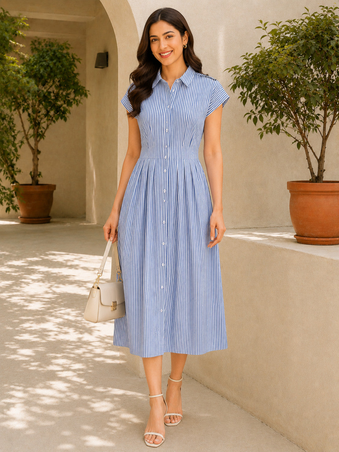 Blue Stripe Print Cotton Midi Dress