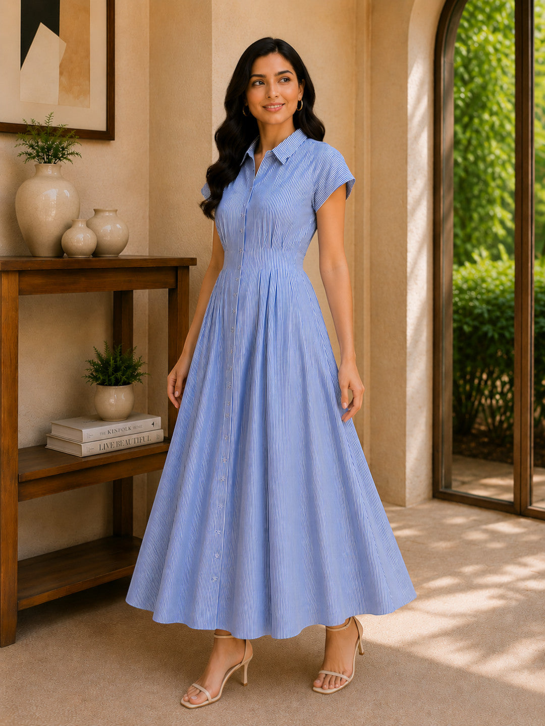Blue Stripe Print Cotton Midi Dress