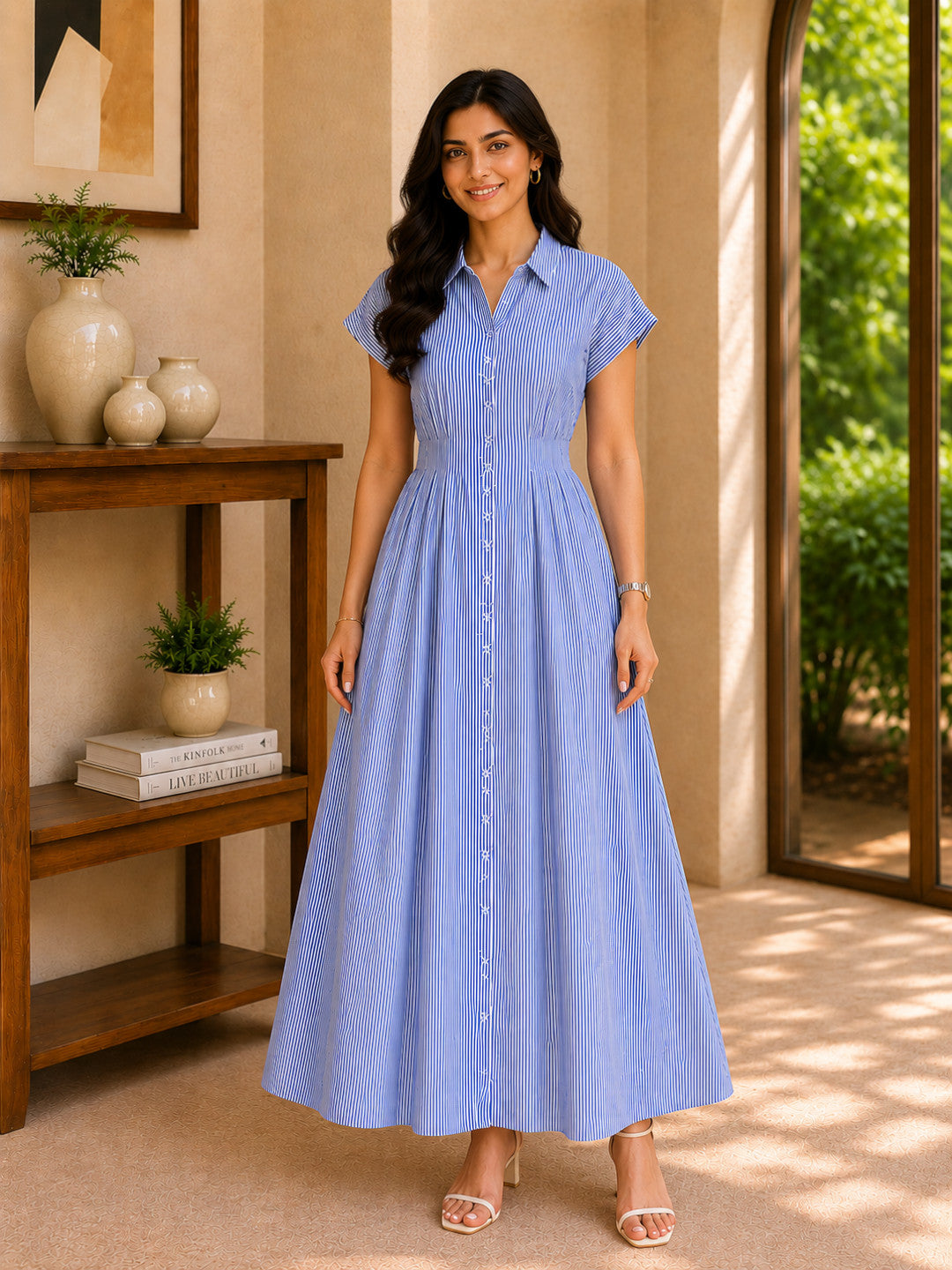 Blue Stripe Print Cotton Midi Dress