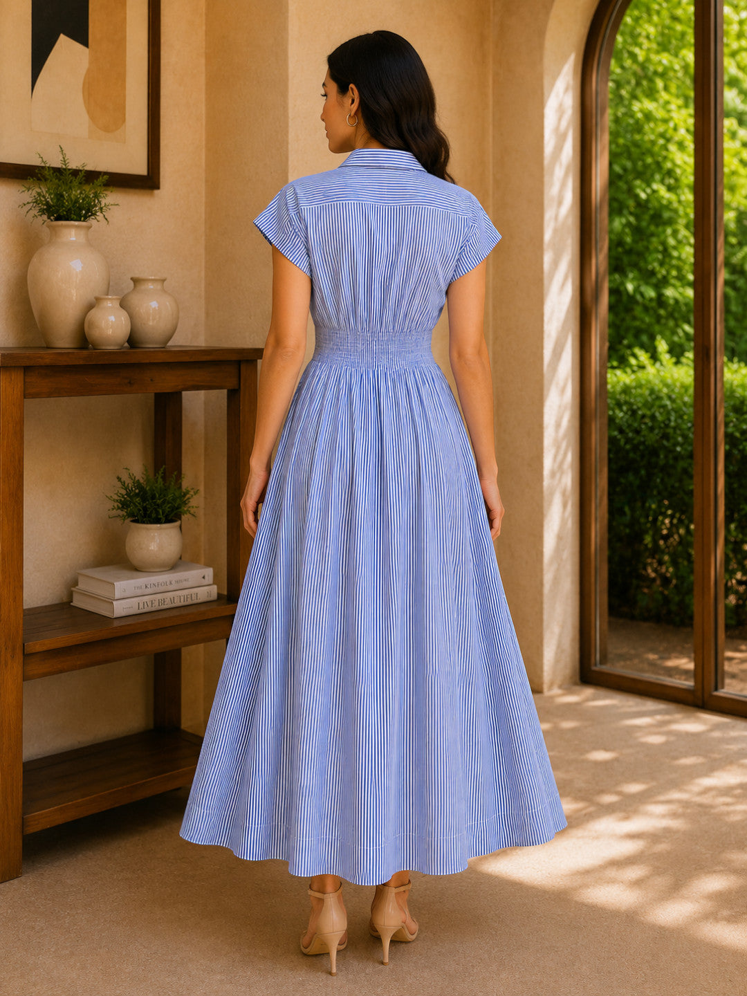 Blue Stripe Print Cotton Midi Dress
