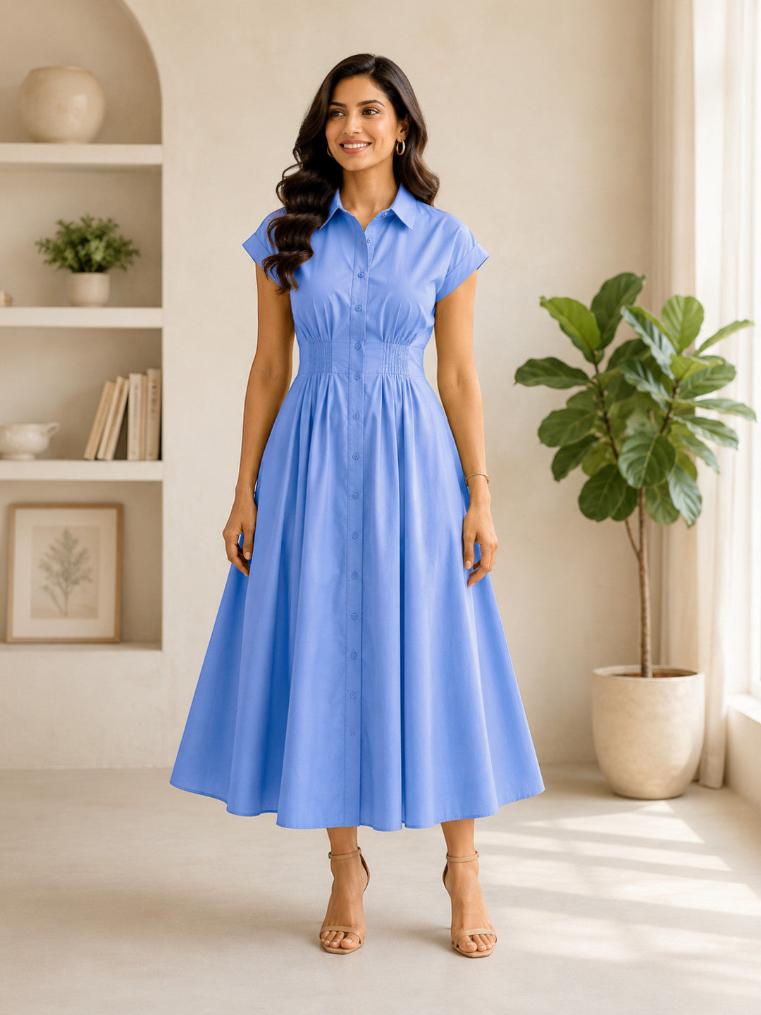 Blue Button-Down Cotton Midi Dress