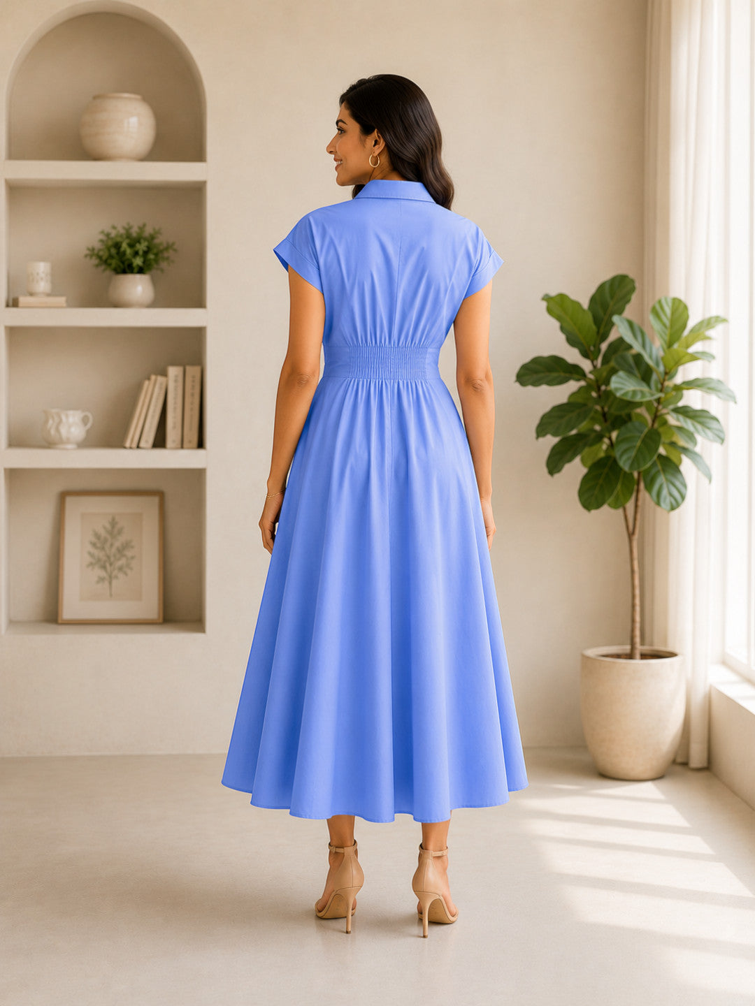 Blue Button-Down Cotton Midi Dress