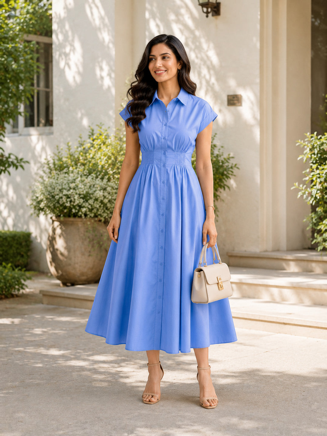 Blue Button-Down Cotton Midi Dress