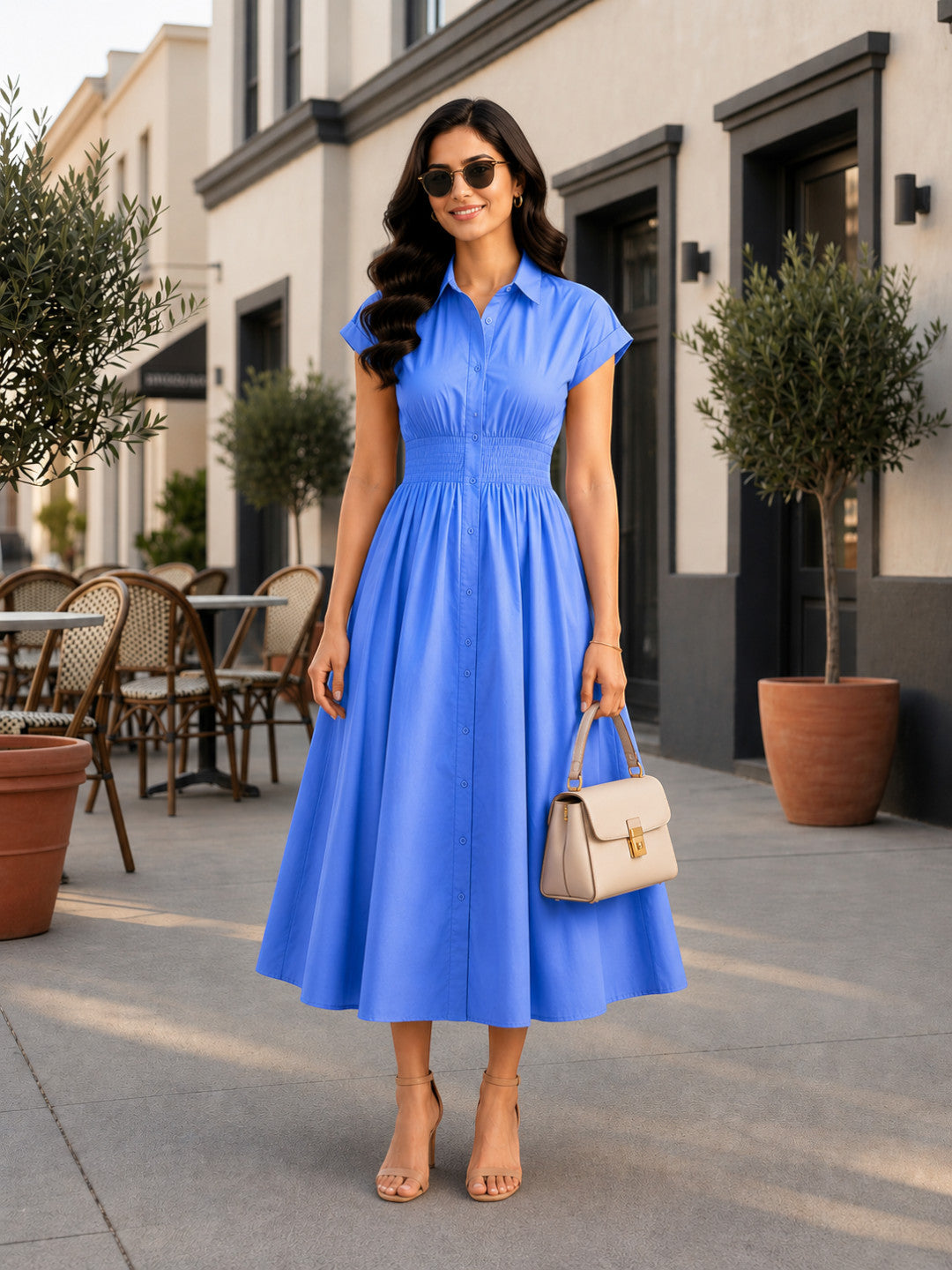 Blue Button-Down Cotton Midi Dress