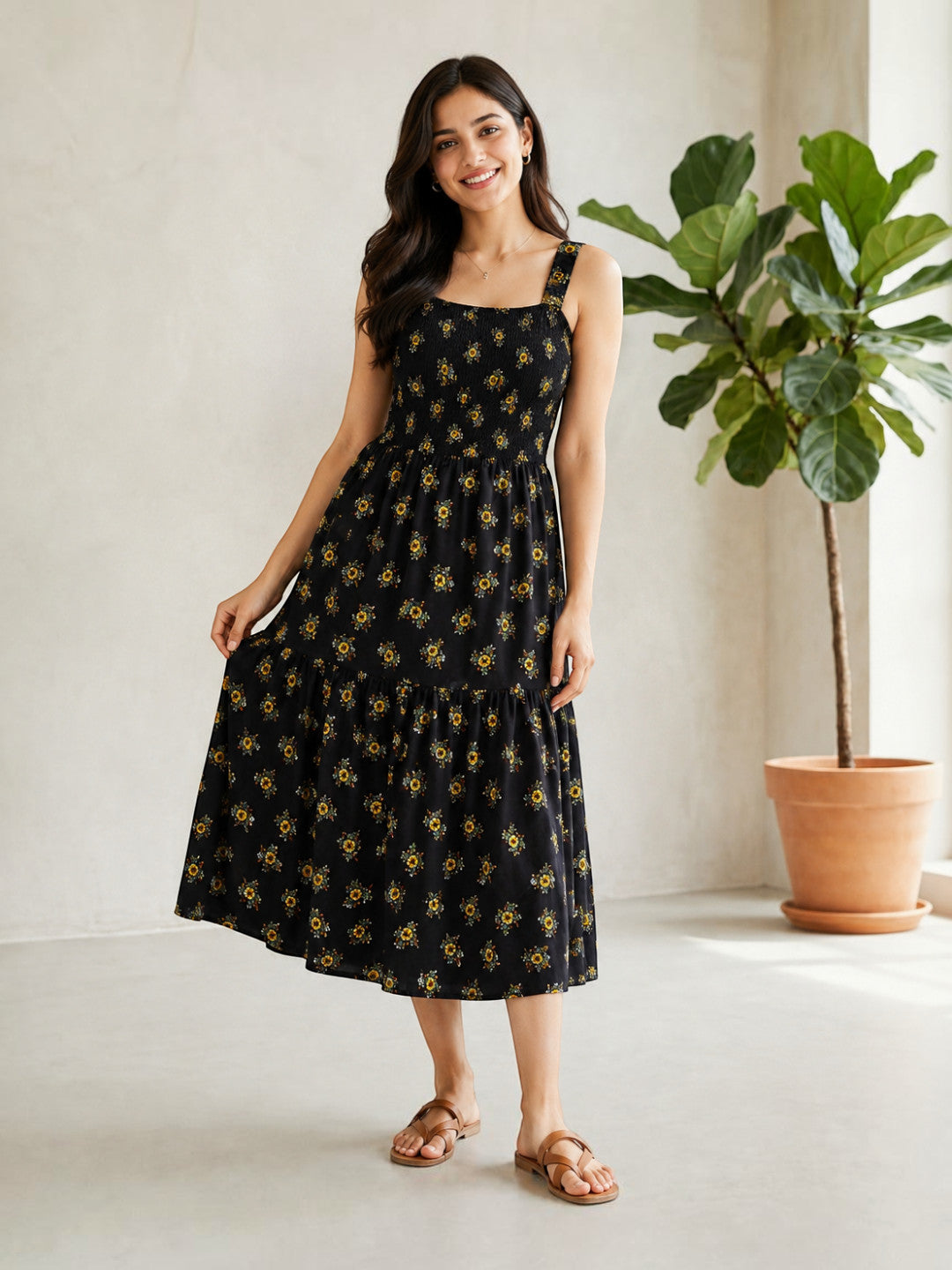Black Floral Print Maxi Dress