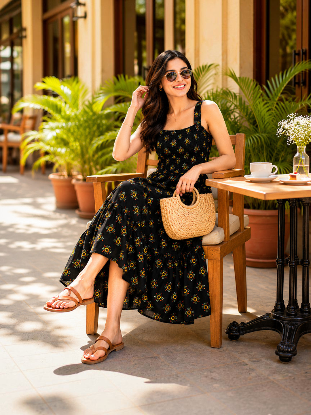 Black Floral Print Maxi Dress