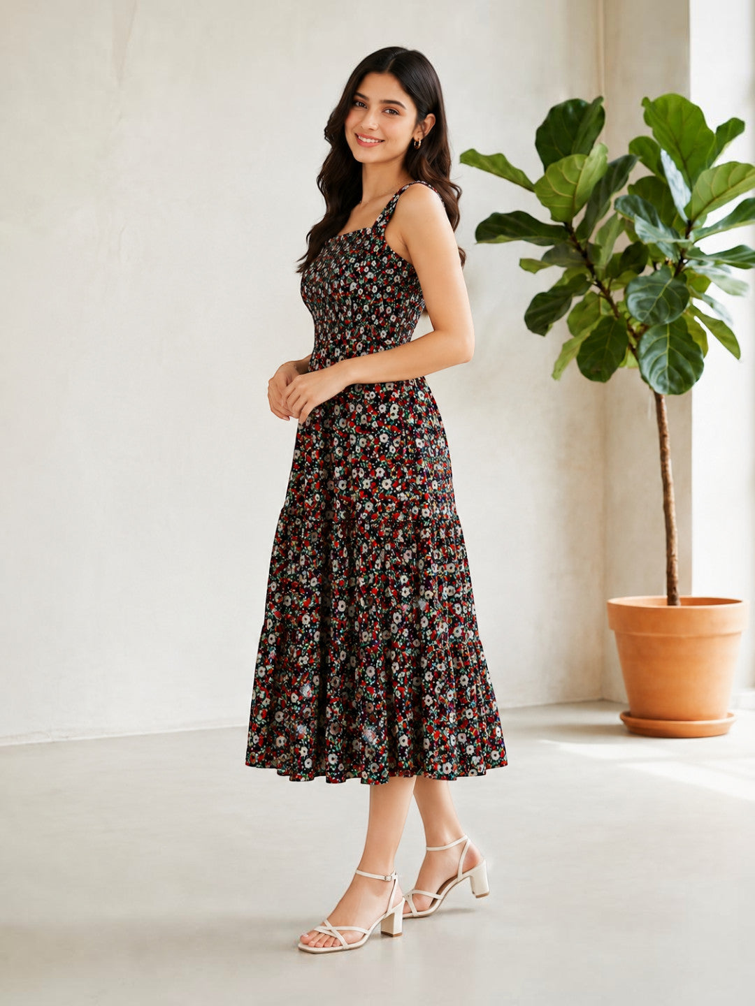 Black Floral Print Maxi Dress