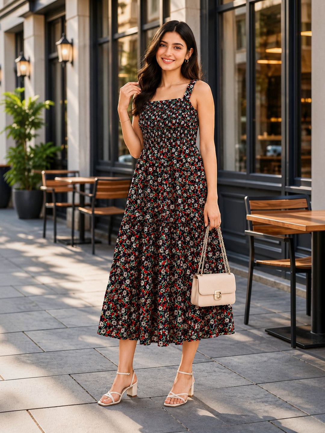 Black Floral Print Maxi Dress