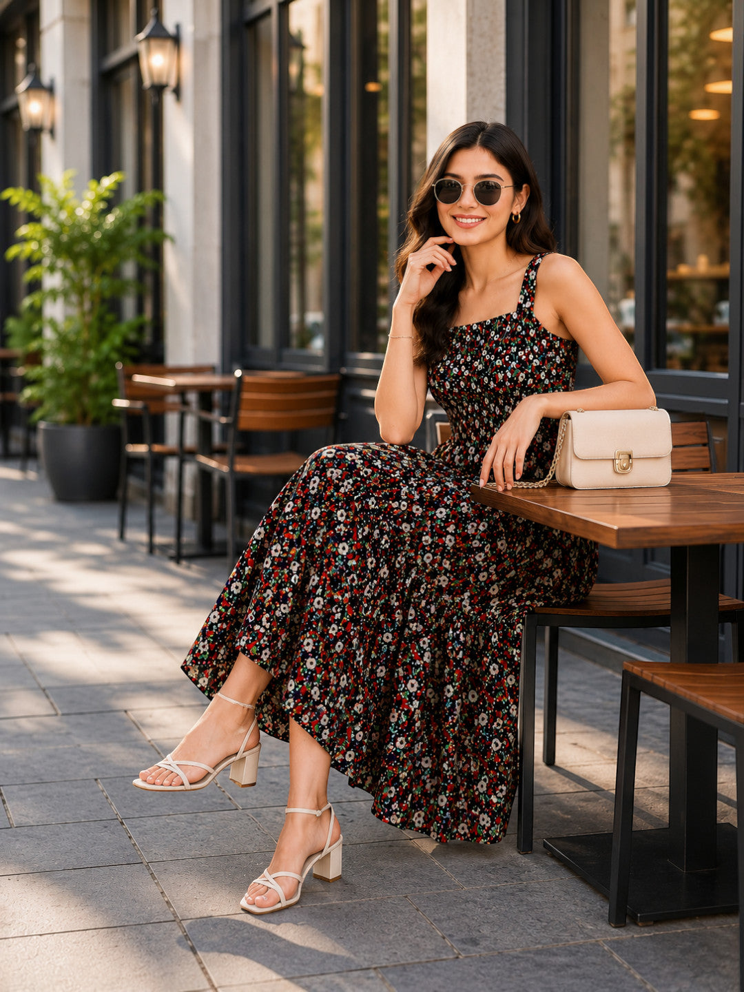 Black Floral Print Maxi Dress