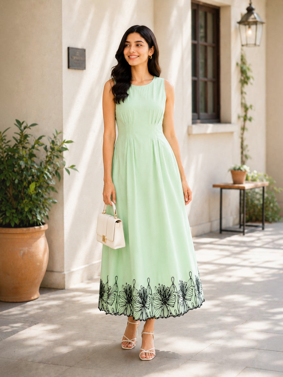 Green Embroidered Midi Dress