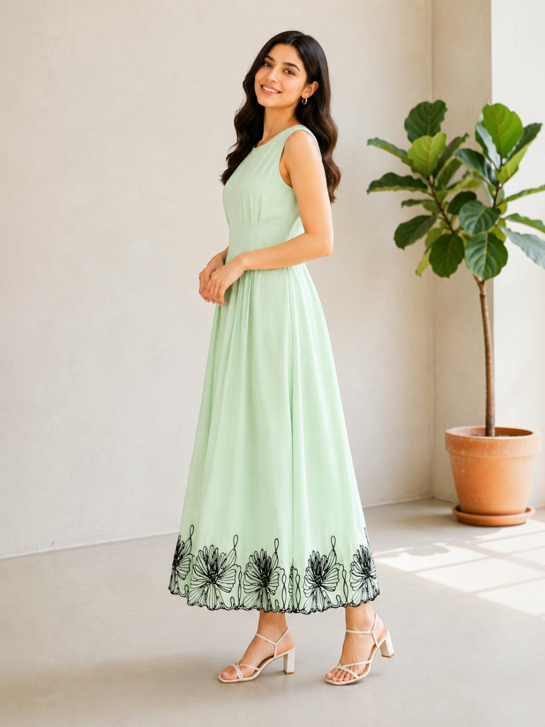 Green Embroidered Midi Dress