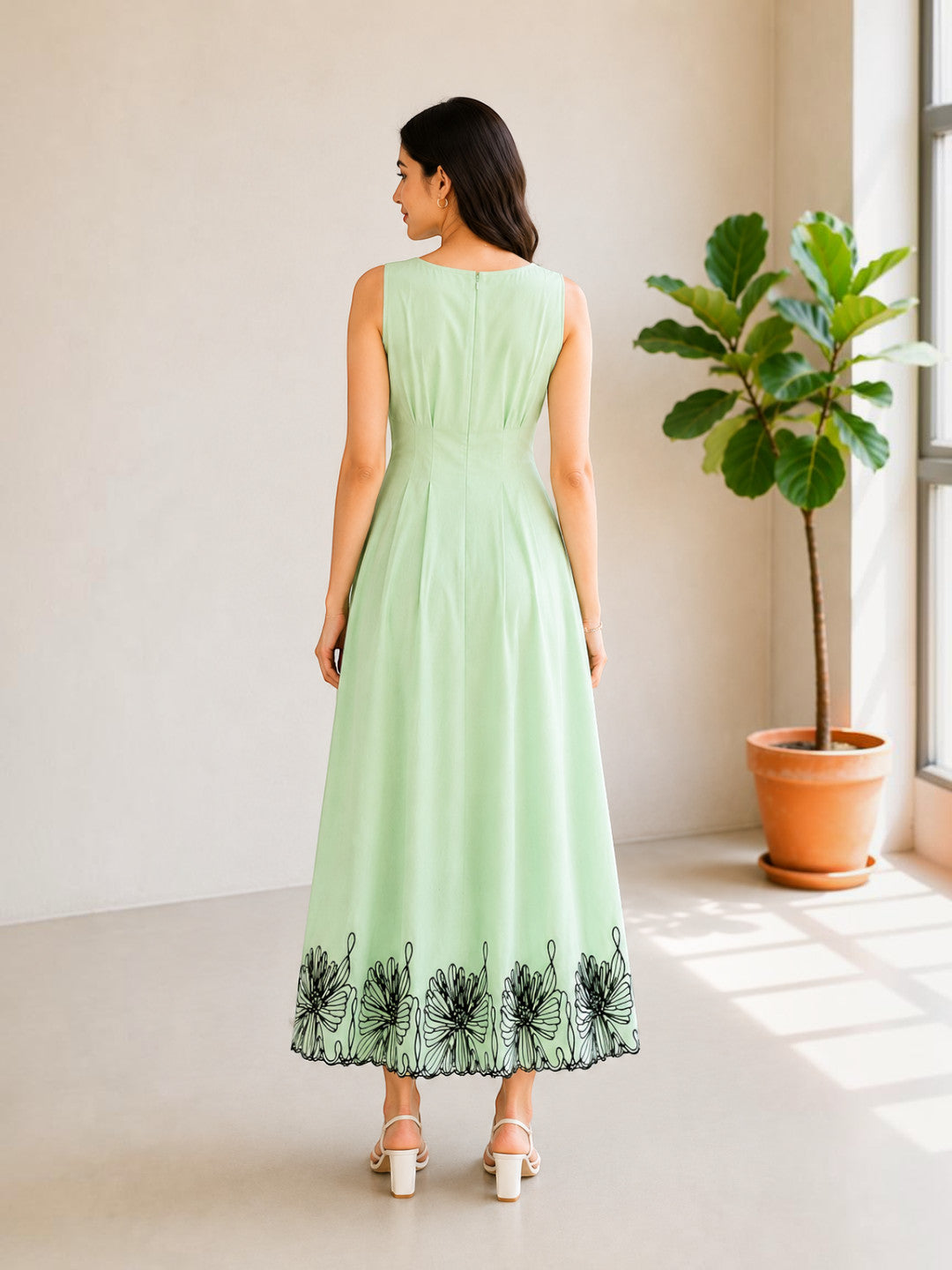Green Embroidered Midi Dress