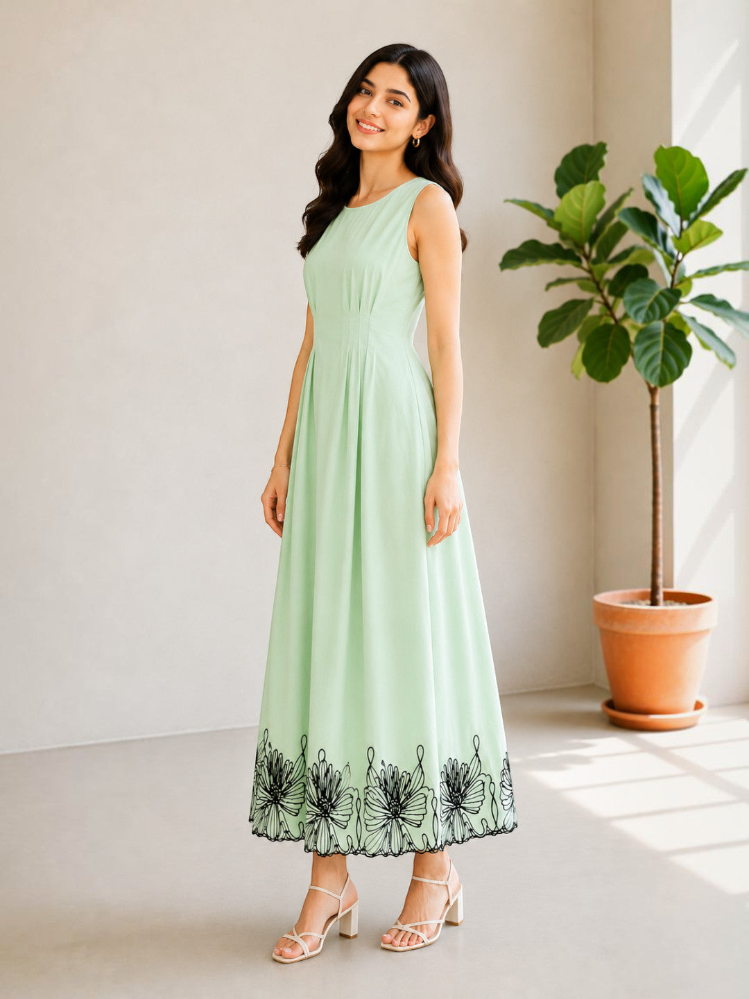 Green Embroidered Midi Dress