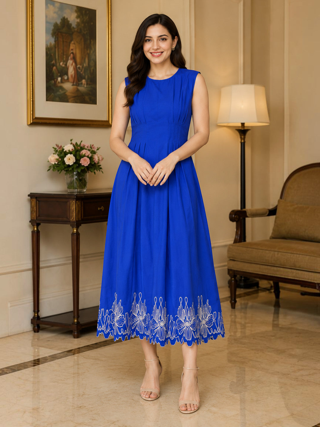 Blue Embroidered Midi Dress