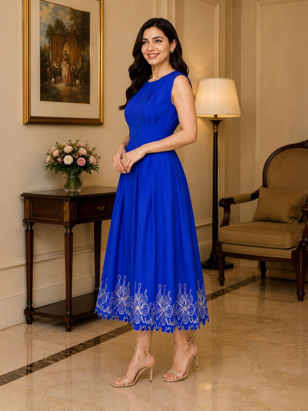 Blue Embroidered Midi Dress