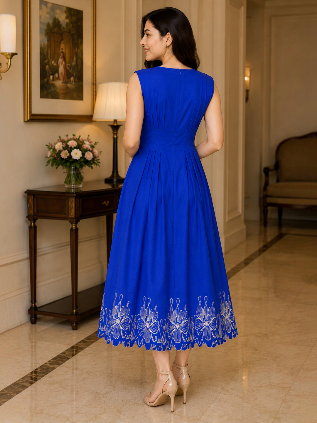 Blue Embroidered Midi Dress