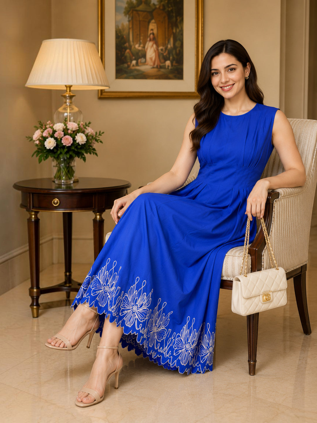 Blue Embroidered Midi Dress