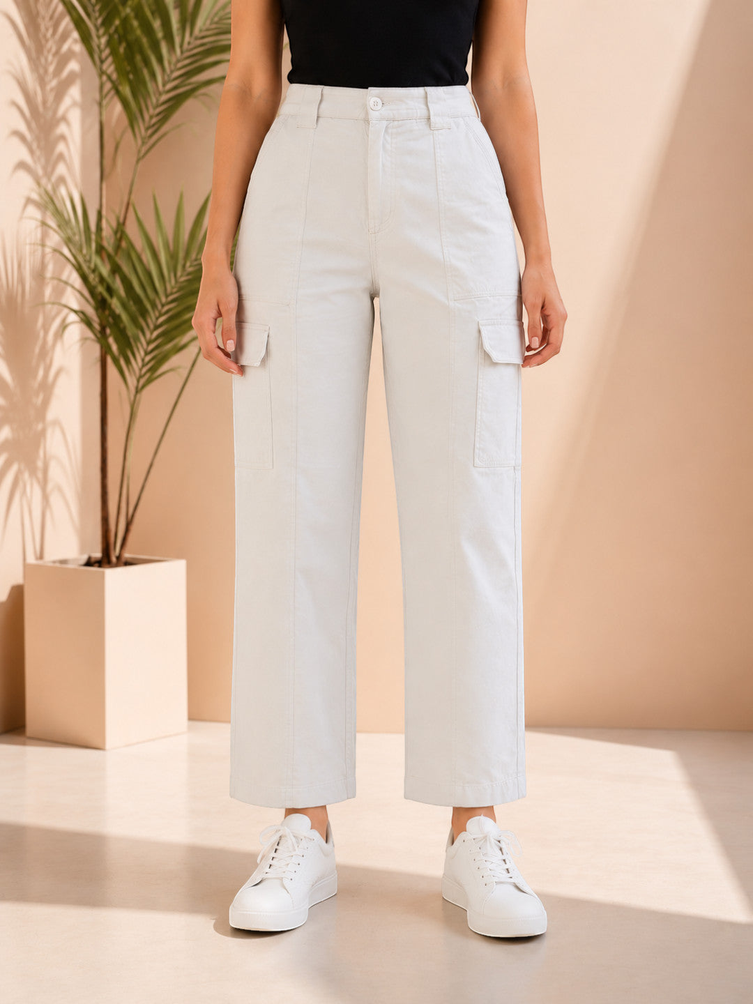 Women Light Grey Cotton Cargo Pants