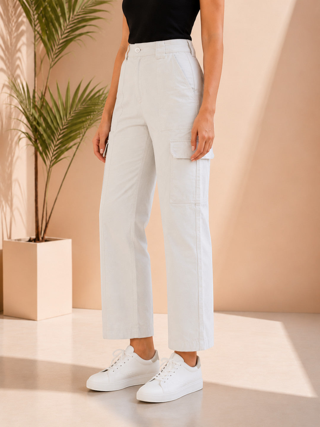 Women Light Grey Cotton Cargo Pants