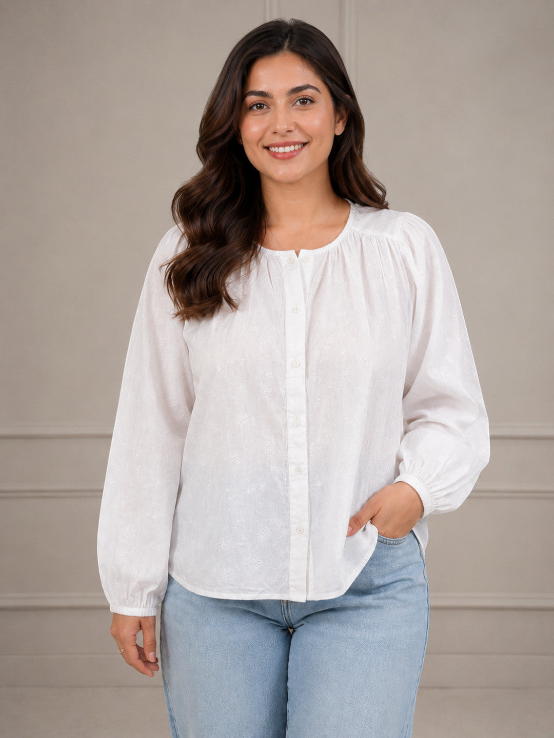 Women Solid White Schiffly Cotton Shirt