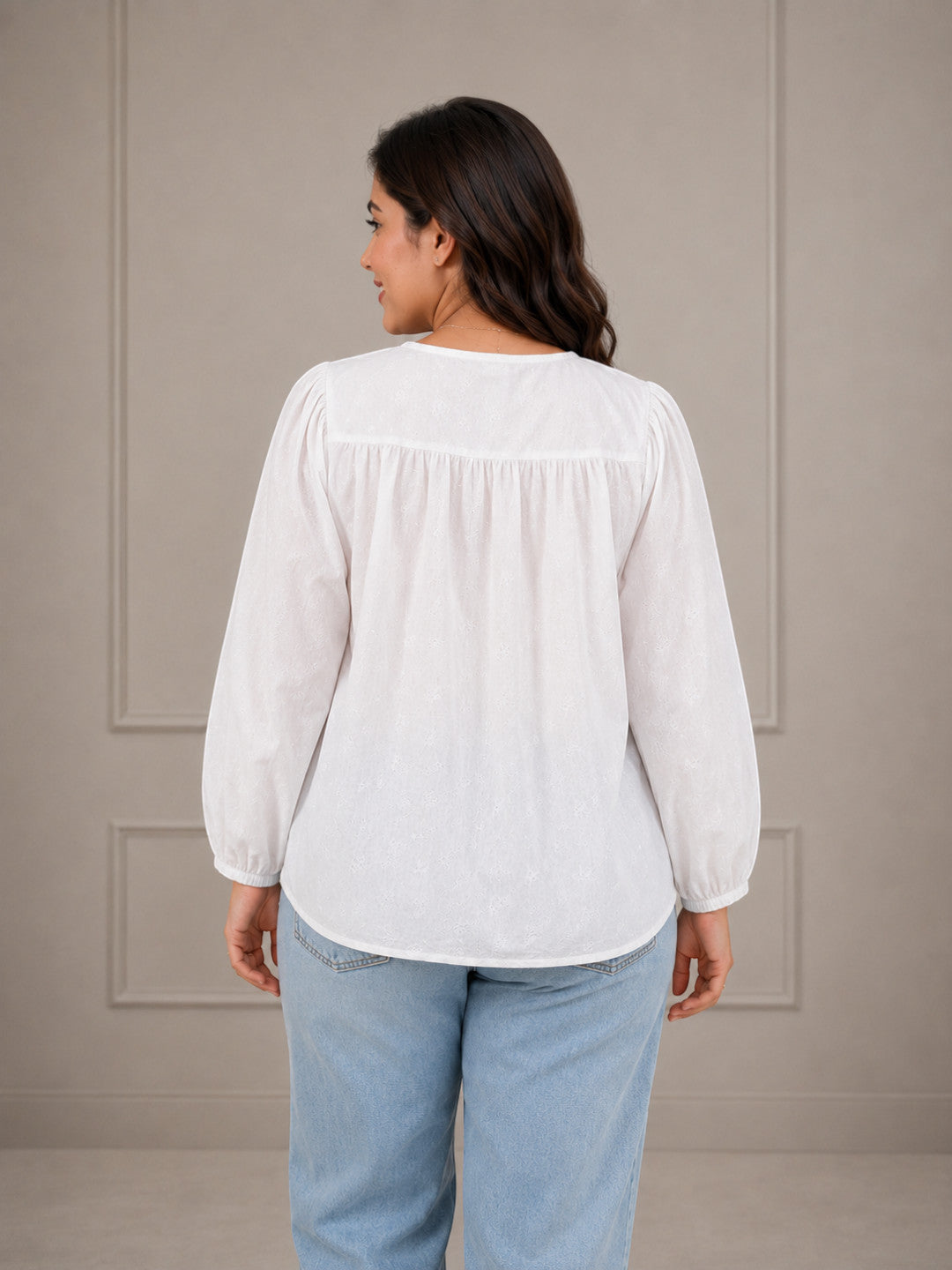 Women Solid White Schiffly Cotton Shirt