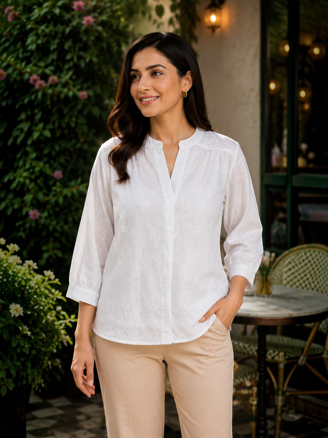 Women White Schiffli Cotton Top