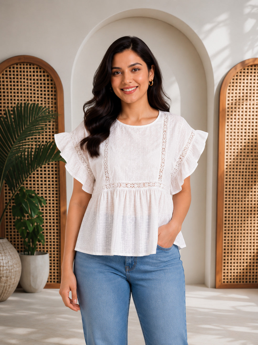 Women White Embroidered Cotton Top
