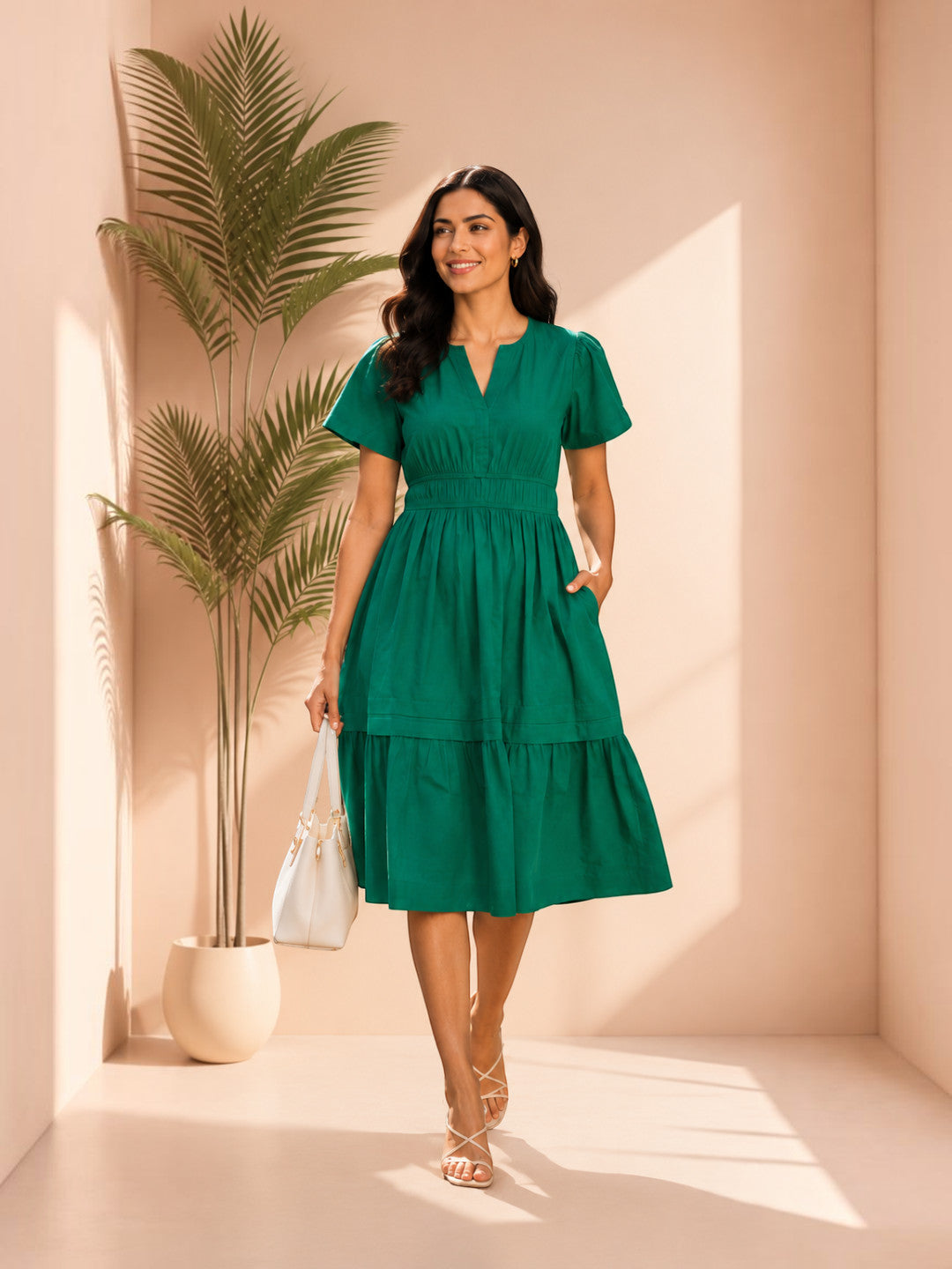Women Green Cotton Poplin Midi Dress