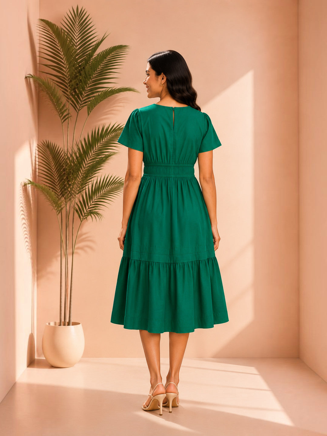 Women Green Cotton Poplin Midi Dress