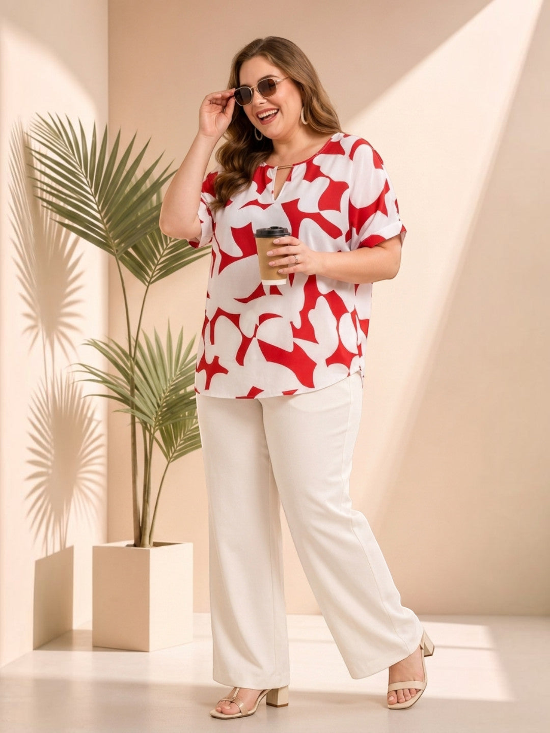 Women Plus Size Red Abstract Print Top - Pre Order