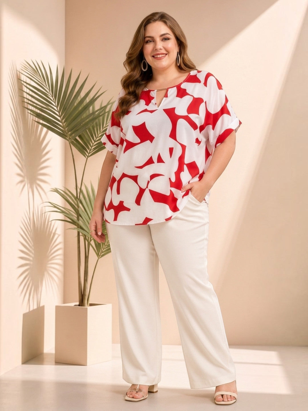 Women Plus Size Red Abstract Print Top - Pre Order
