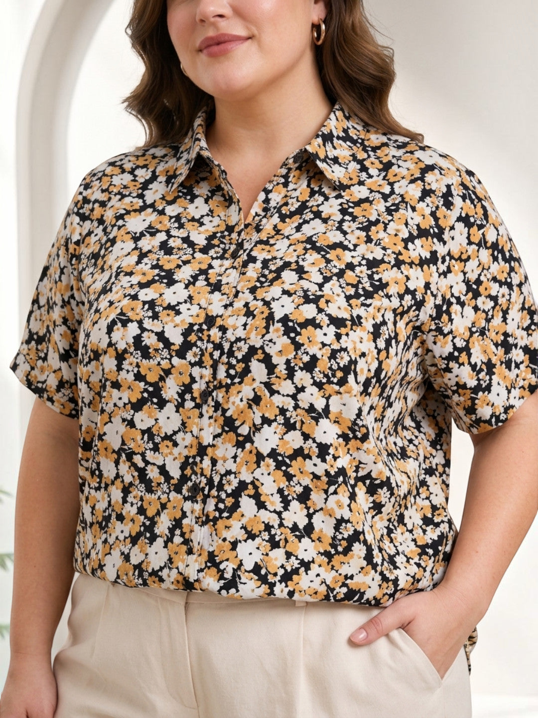 Plus Size Multicolor Floral Print Cotton Shirt - Pre Order