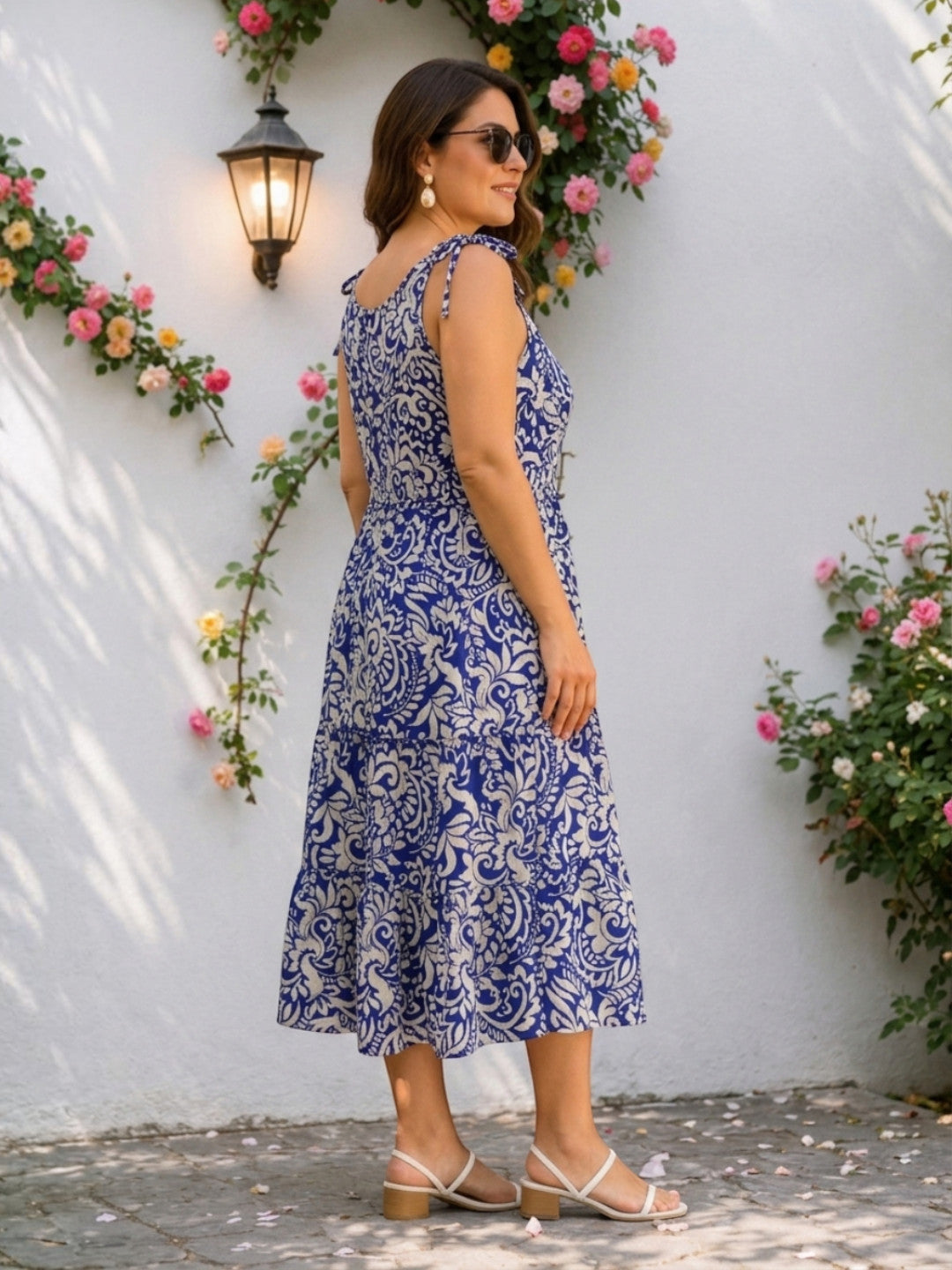 Women Plus Size Blue Floral Paisley Print Viscose Dress Oxolloxo