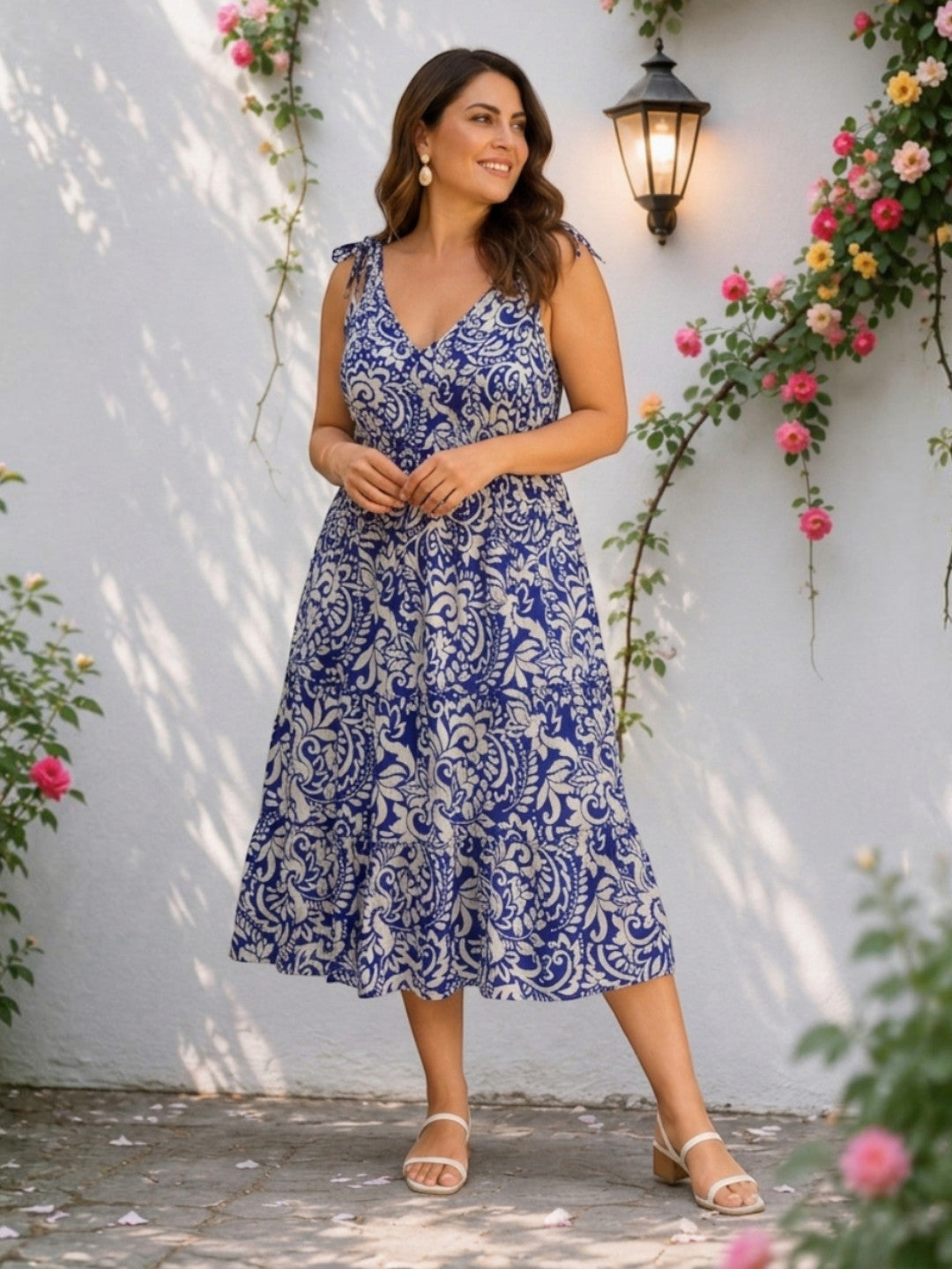 Women Plus Size Blue Floral Paisley Print Viscose Dress Oxolloxo