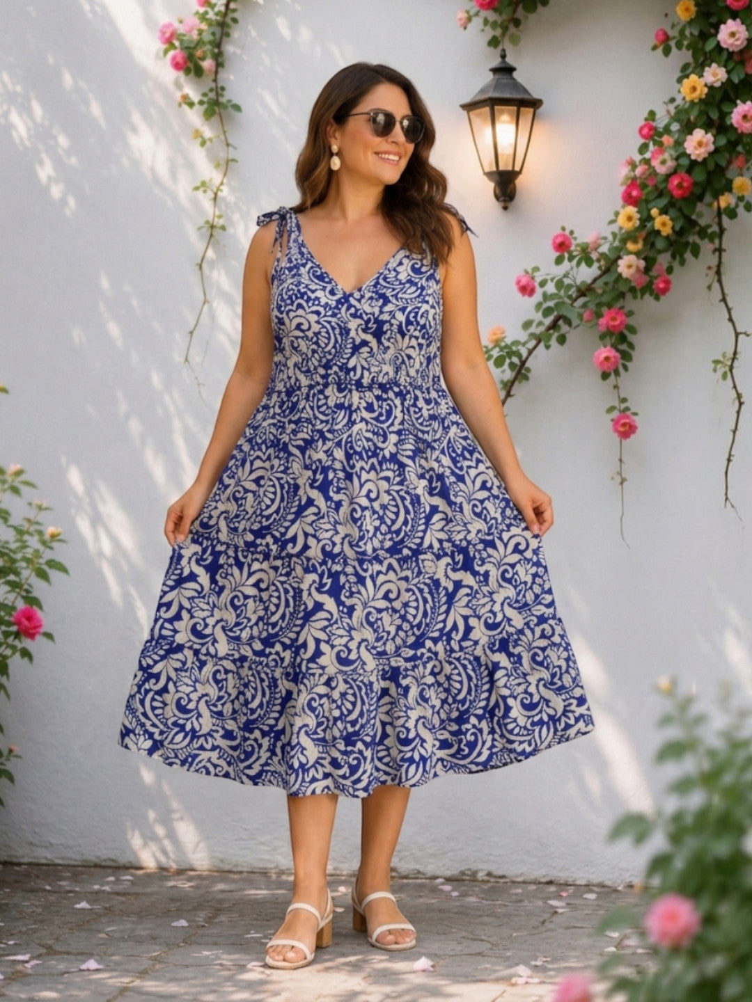 Women Plus Size Blue Floral Paisley Print Viscose Dress Oxolloxo
