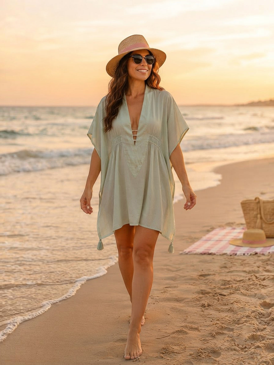 Women Light Green Beachwear Kaftan Oxolloxo