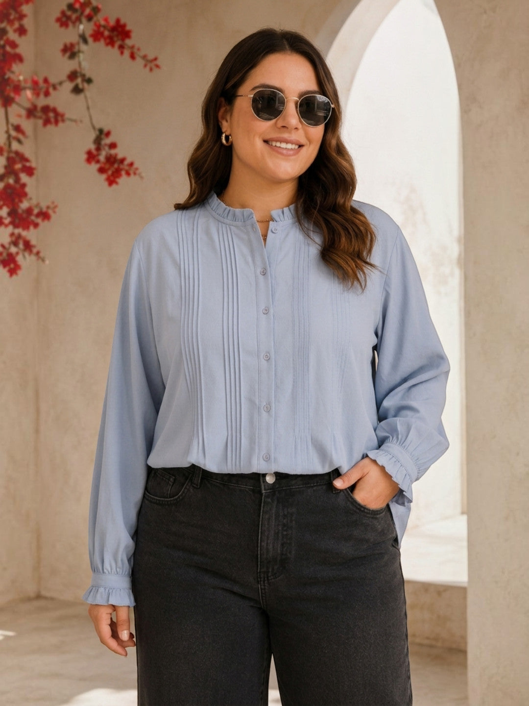 Women Plus Size Blue Shirt Oxolloxo