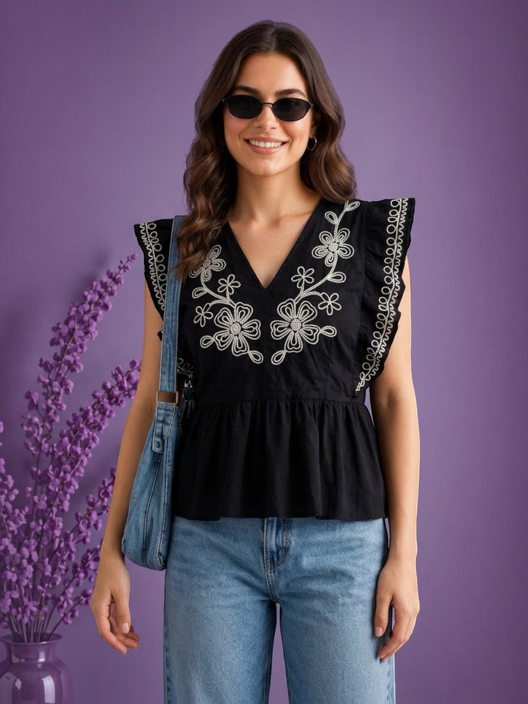 Women Black Cotton Top Oxolloxo