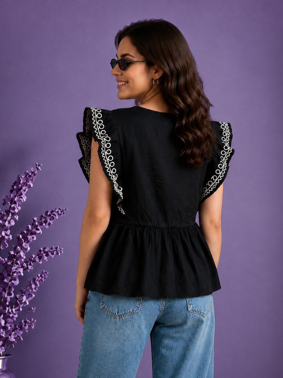 Women Black Cotton Top Oxolloxo