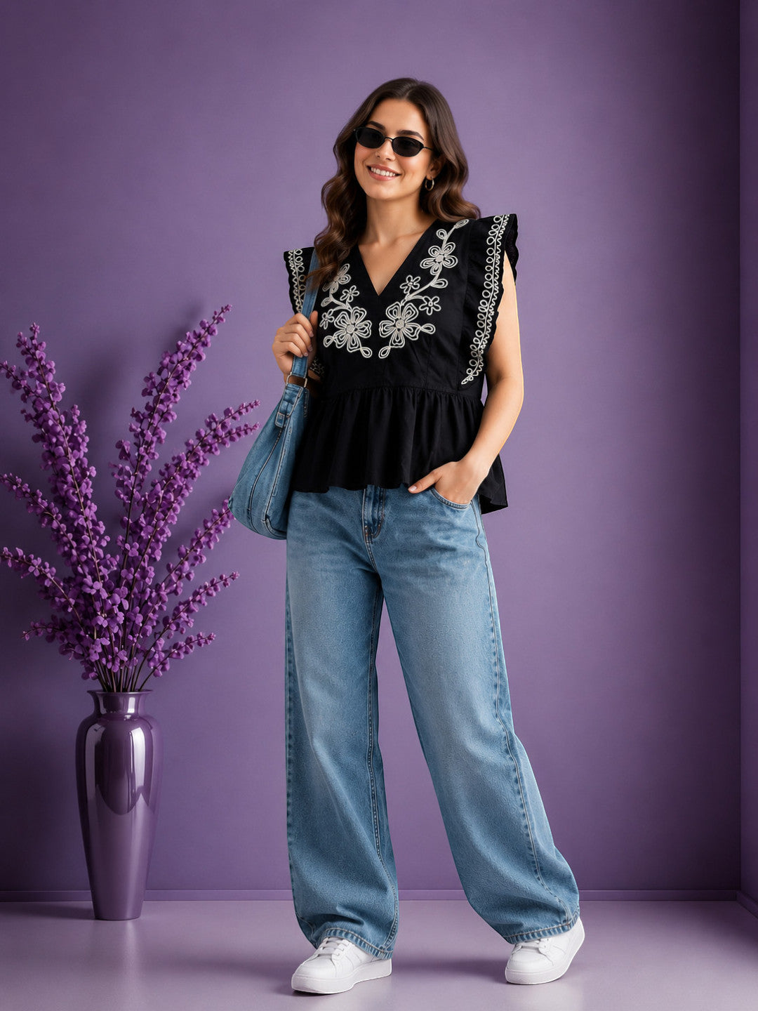 Women Black Cotton Top Oxolloxo