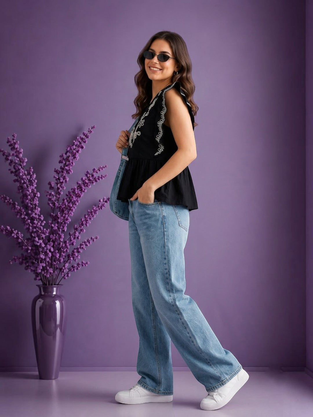 Women Black Cotton Top Oxolloxo