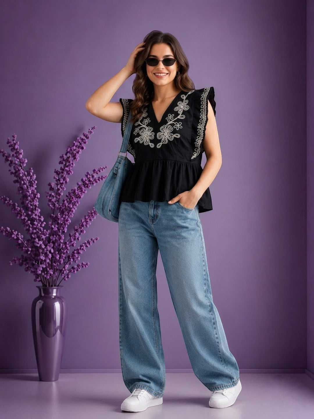 Women Black Cotton Top Oxolloxo