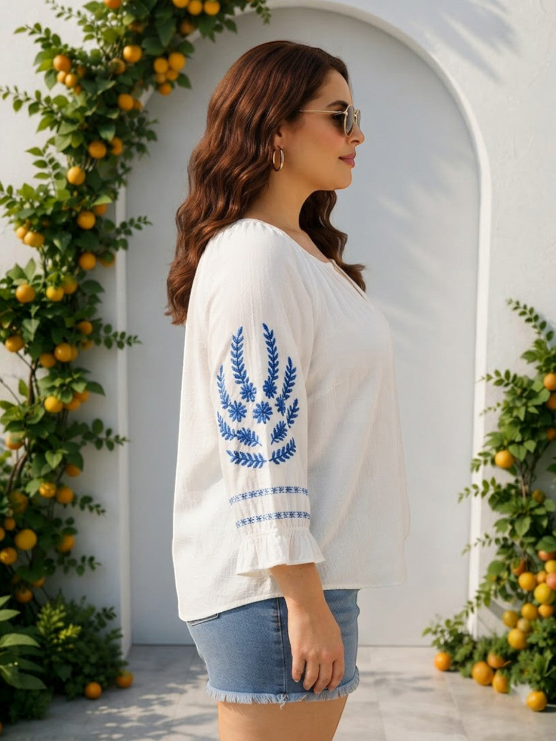 Women Plus Size White Embroidered Cotton Top Oxolloxo