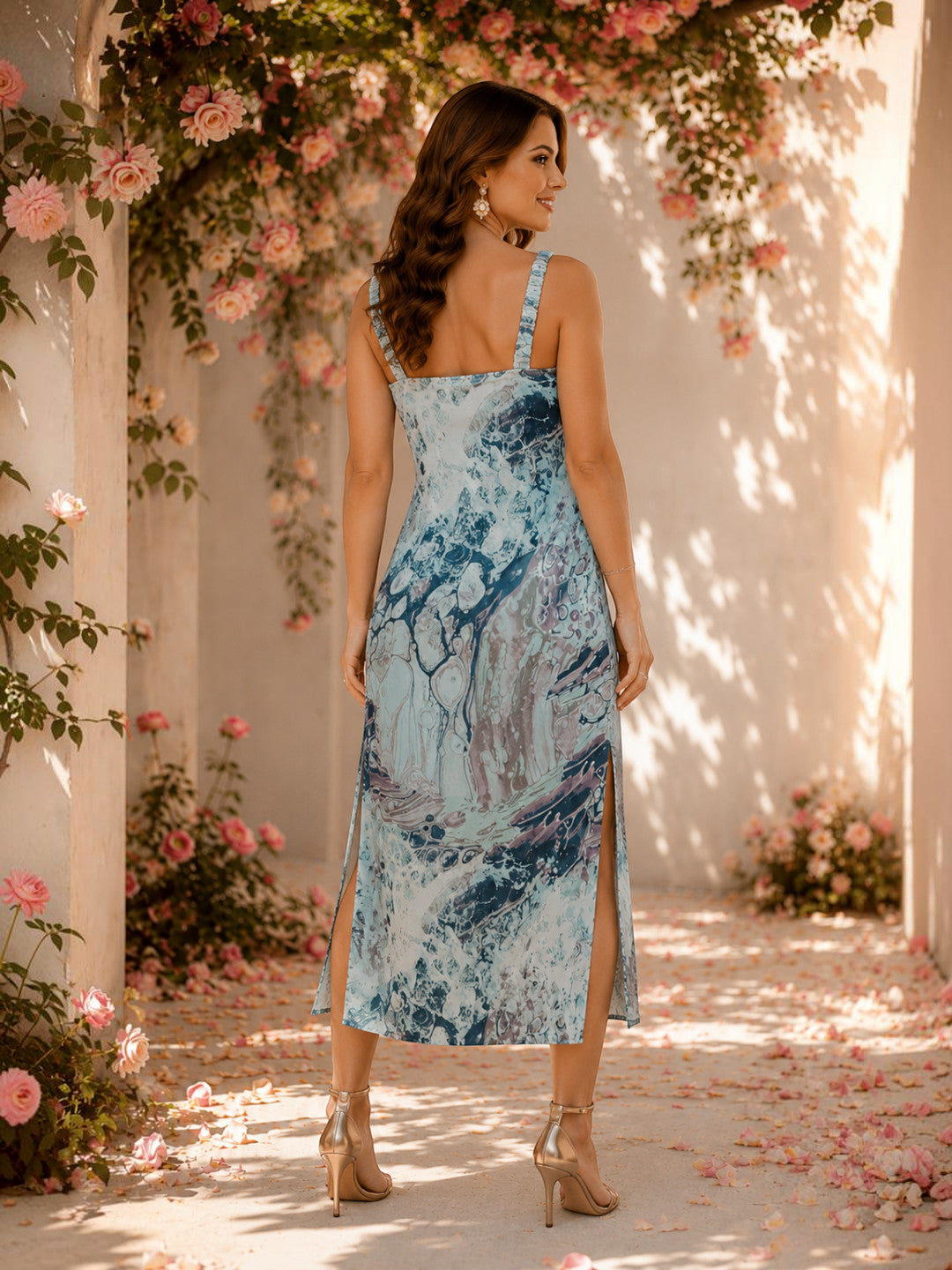 Women Multicolor Marble Satin Dress Oxolloxo