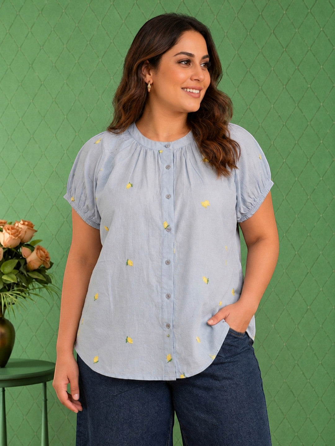 Women Blue Floral Embroidered Cotton Dobby Short-Sleeve Button-Down Top